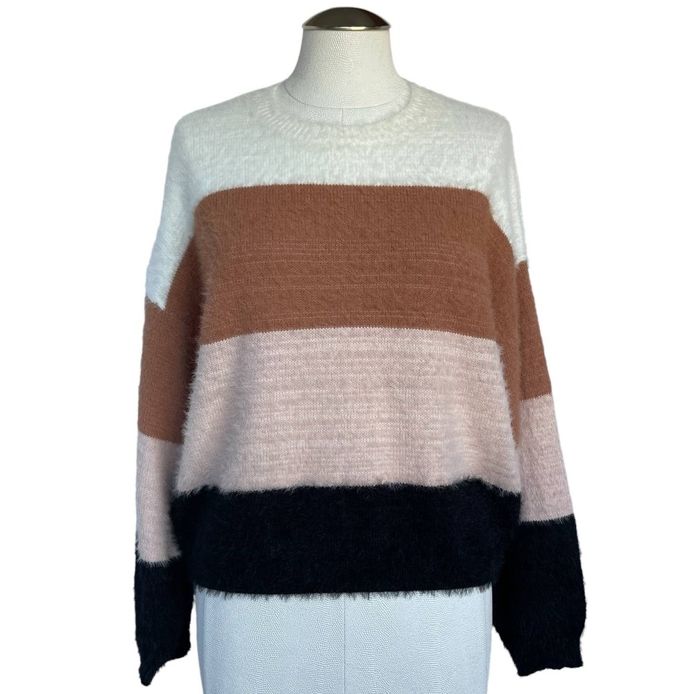 Princess Polly Women's Color Block Fuzzy Knit Pullover‎ Sweater M/L Cream Brown